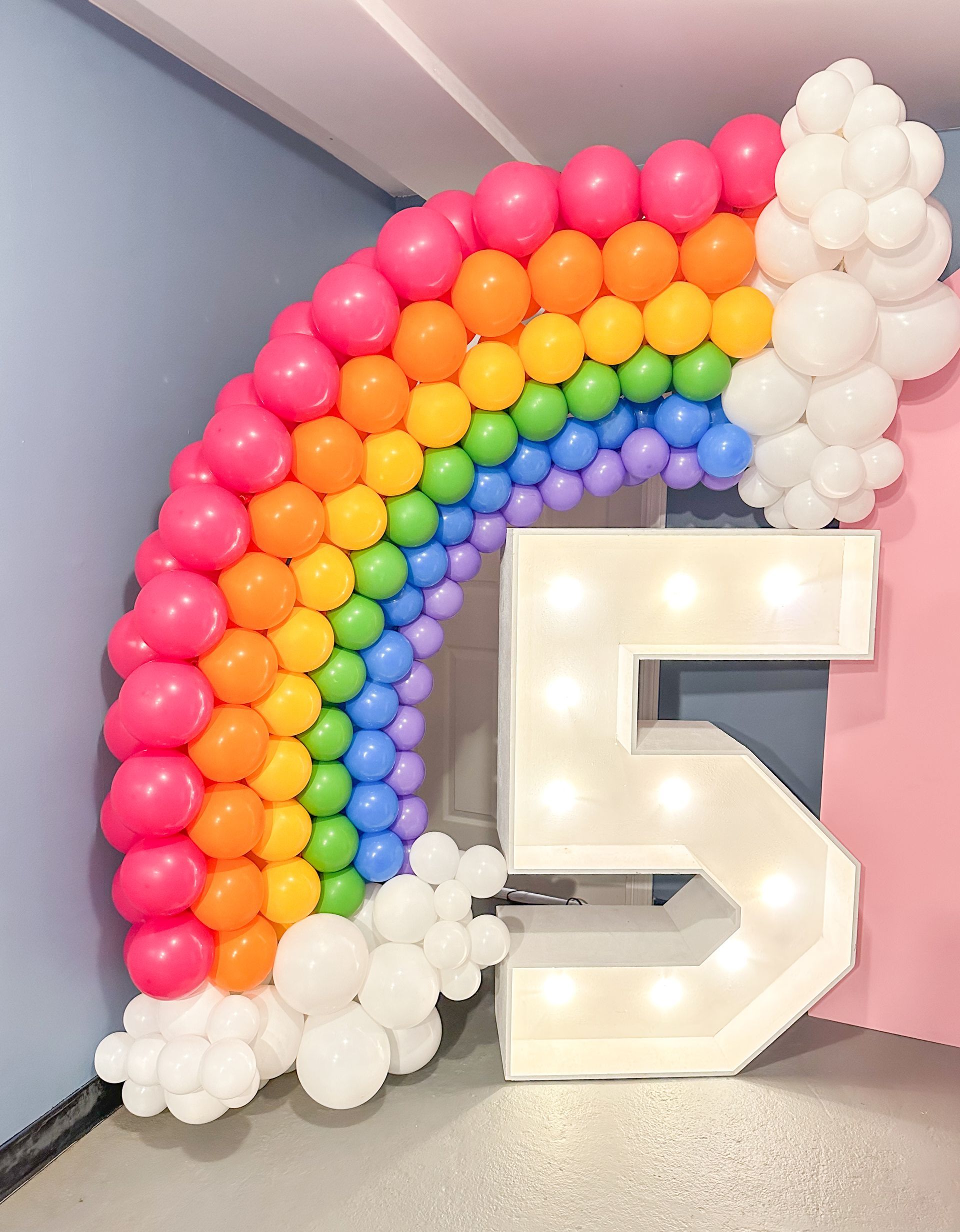 Rainbow balloon arch with white number