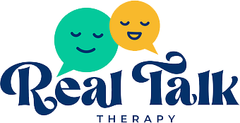 The logo for real talk therapy has two speech bubbles with faces on them.