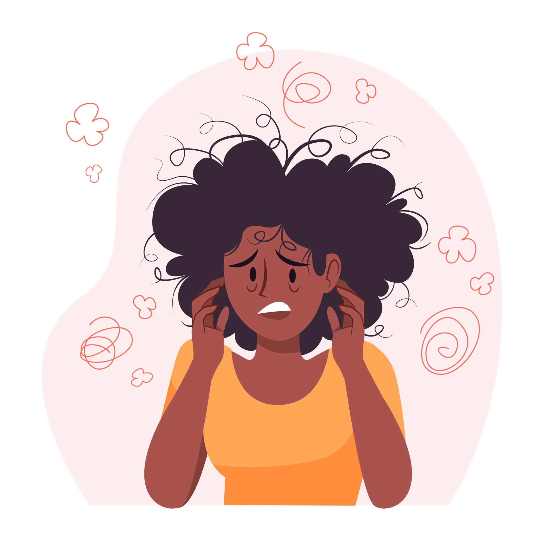 A woman with curly hair is covering her ears with her hands.