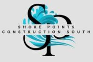 Shore Points Construction South logo with teal wave and black lighthouse silhouette