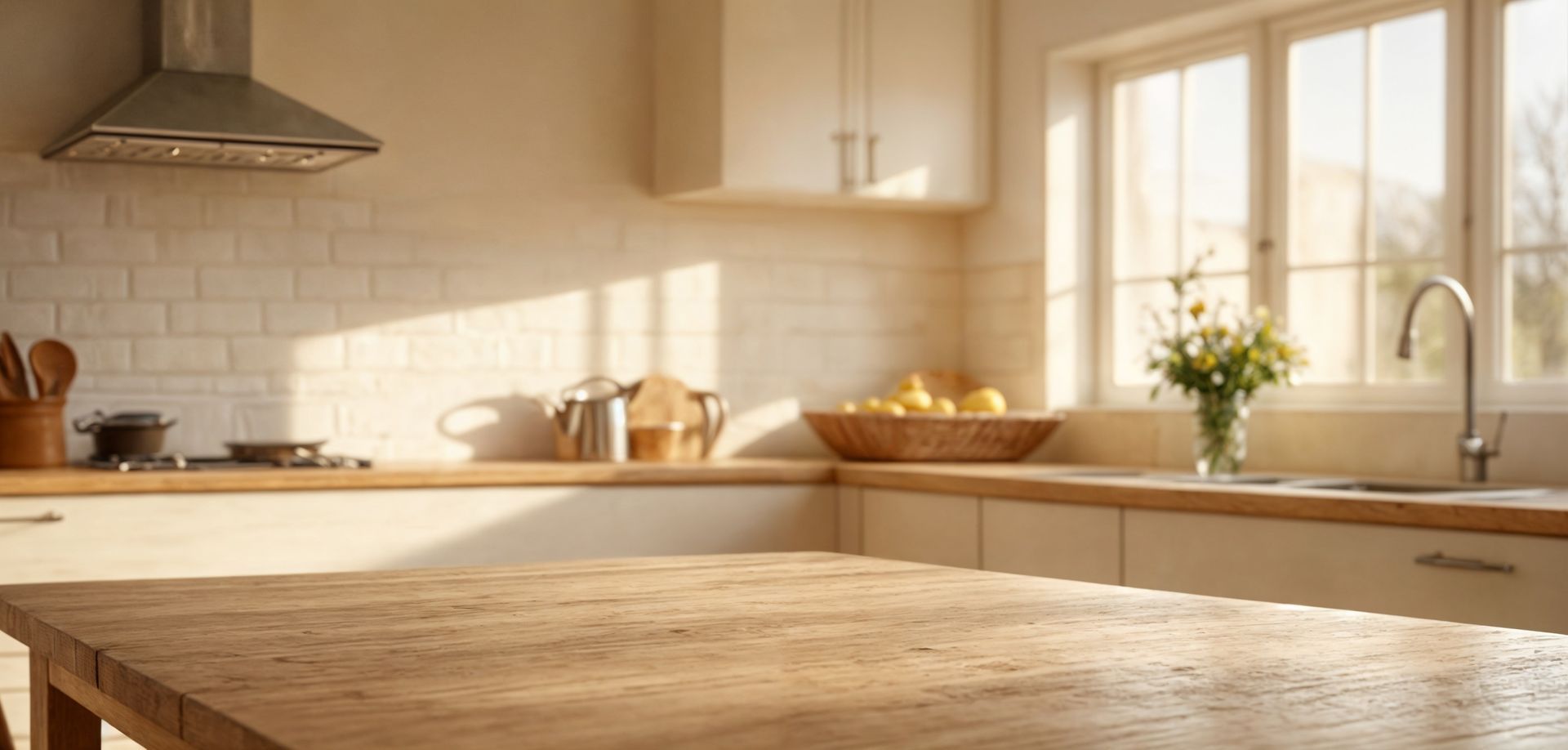 A kitchen with a wooden table and a sink.