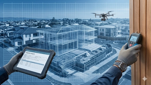 Person using tablet and key fob to monitor a drone flying over a construction site