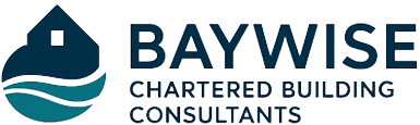 Baywise Chartered Building Consultants logo with navy house icon and teal wave