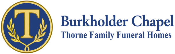 Burkholder Chapel Thorne Family Funeral Homes logo with gold “T” emblem and blue text on white background