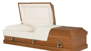 Wooden coffin-style bed with an open lid and white bedding