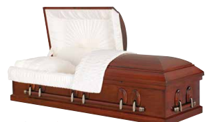 Closed wooden casket with white satin lining and interior padding, shown open on a white background