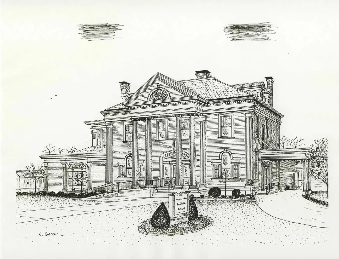 Pencil sketch of a grand neoclassical mansion with columns, front steps, and a landscaped driveway.