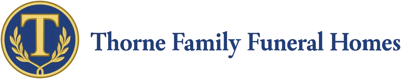 Thorne Family Funeral Homes logo with gold emblem and blue text on white background