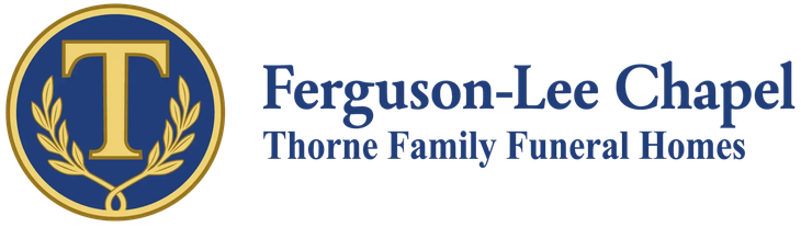 Ferguson-Lee Chapel Thorne Family Funeral Homes logo with gold T emblem and blue text
