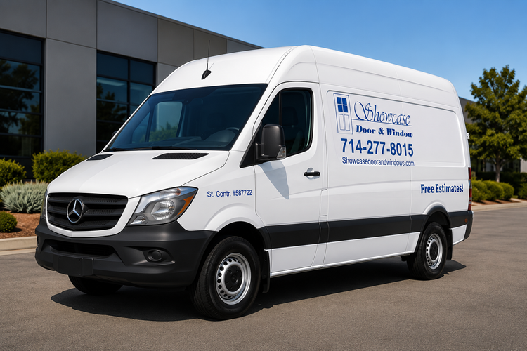 White Mercedes delivery van with blue logo parked outside a commercial building