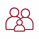 Three maroon outlined people icons, two larger behind one smaller in front.