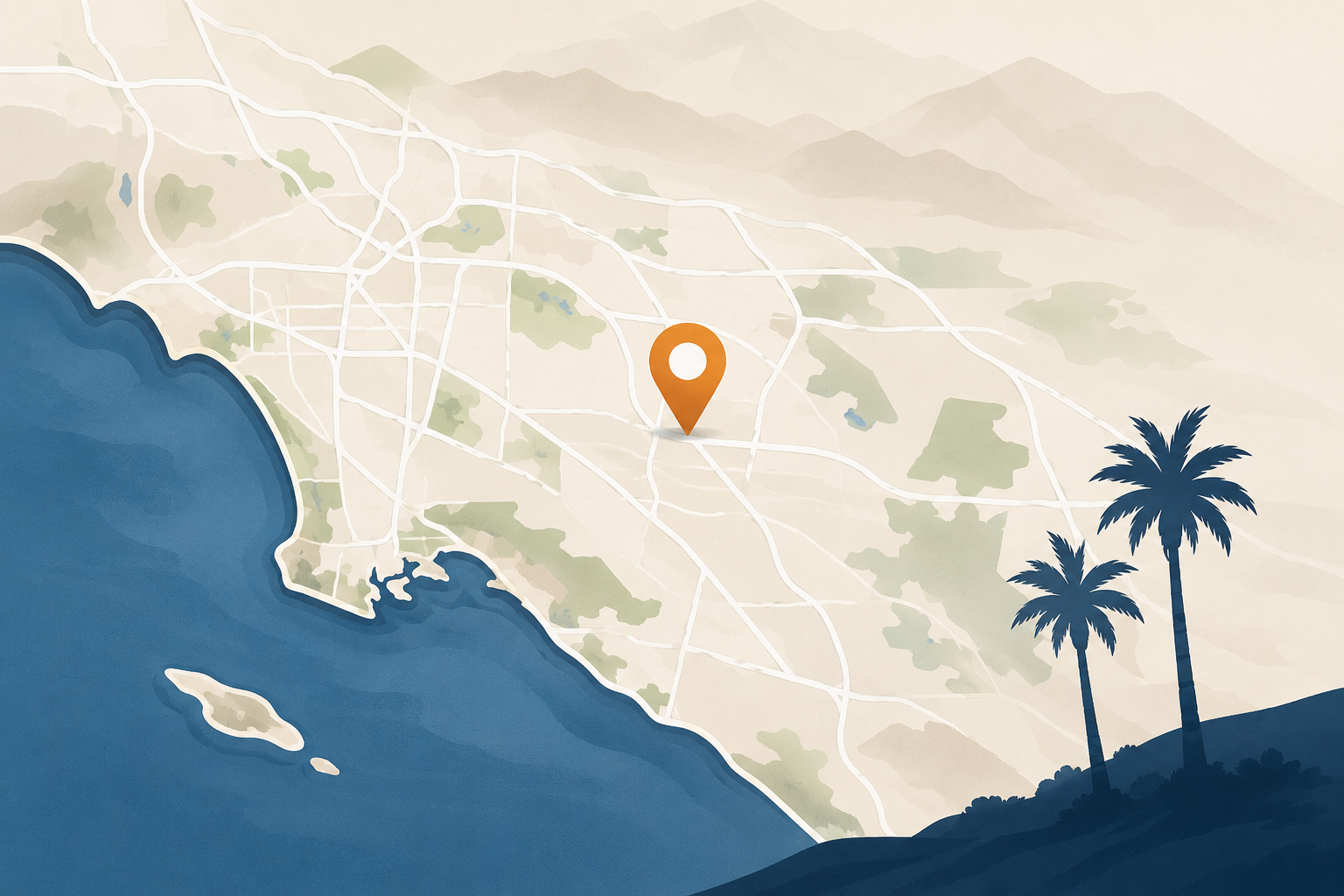 Map of a coastal area with an orange location pin, blue water, and palm trees at sunset