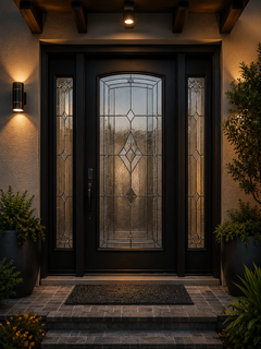 Front entrance with black double door, frosted glass panels, and warm porch lights at dusk