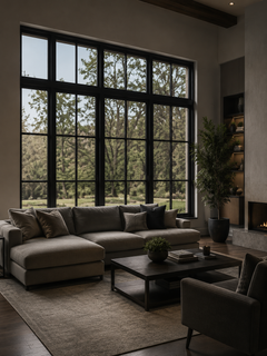 Cozy modern living room with sectional sofa, coffee table, armchair, and large black-framed windows overlooking trees
