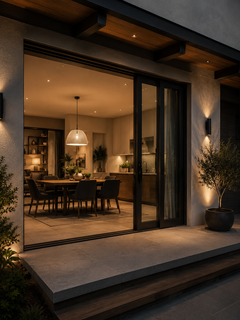 Warm-lit modern patio opening into a dining room at dusk, with sliding glass doors and potted plants.