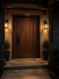 Wooden front door lit by warm lanterns, flanked by potted plants at a house entrance.