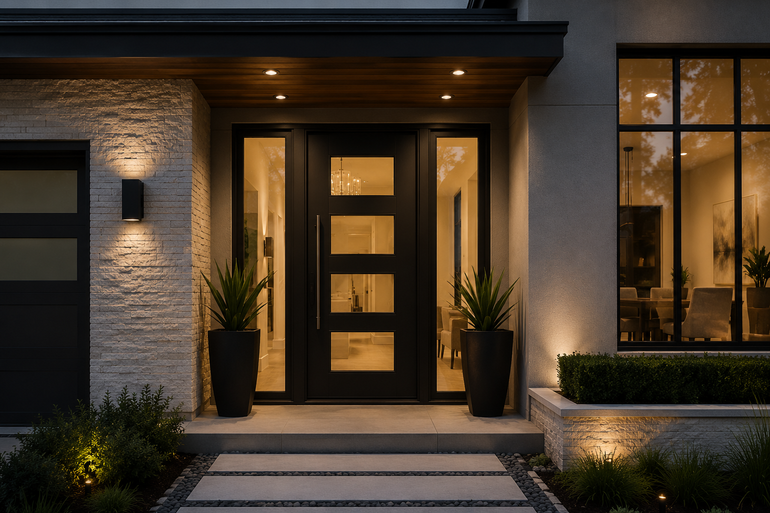 Modern house entryway with a black front door, warm porch lights, and potted plants at dusk