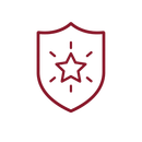 Maroon shield icon with a star in the center and small radiating lines on a white background