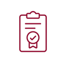 Maroon clipboard icon with checkmark badge, representing approval or certification