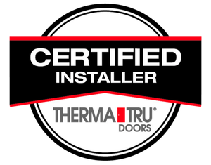 Therma-Tru Doors certified installer badge in black, white, and red