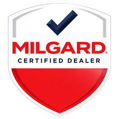 MILGARD Certified Dealer shield logo in white, red, and blue