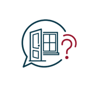 Open door and window inside a teal speech bubble with a red question mark