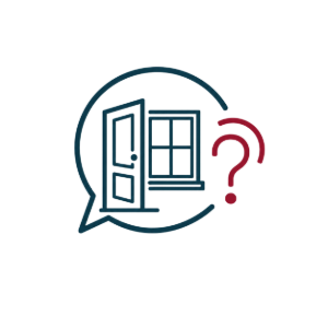Open door and window inside a teal speech bubble with a red question mark