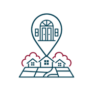 Minimal line icon of a map pin over houses and a road, in teal and red