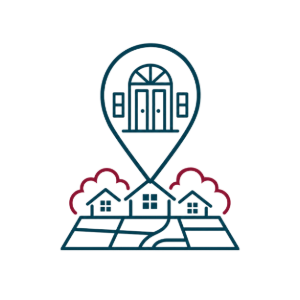 Minimal line icon of a map pin over houses and a road, in teal and red