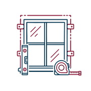 Illustrated window installation icon with tape measure, level, and measuring tools in red and blue outline