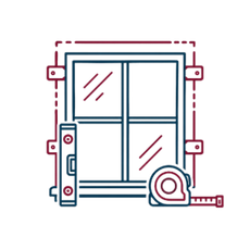 Stylized line drawing of a window with measuring tape and level, indicating home installation or repair