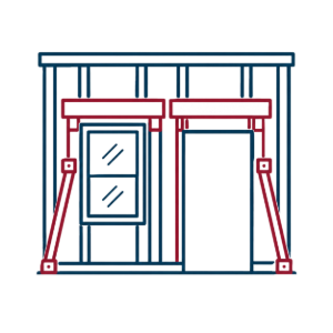 Illustration of a small building facade with a window and door, showing two red support braces