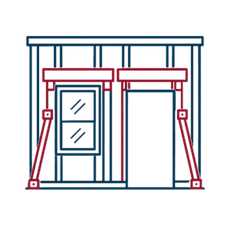 Illustration of a small building facade with a window and door, showing two red support braces