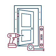 Illustration of a door being installed, with a drill, level, and measuring tape.