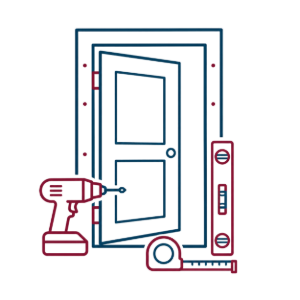 Illustration of a door repair setup with drill, tape measure, level, and door frame tools