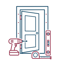 Illustration of a door repair setup with drill, tape measure, level, and door frame tools