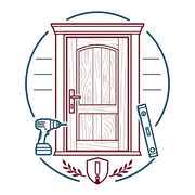 Stylized front door with a drill, level, shield, and laurel wreath in blue and maroon.