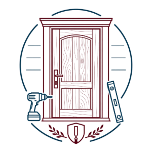 Illustrated front door with drill and level, suggesting home door installation or repair