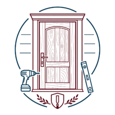Illustrated front door with drill and level, suggesting home door installation or repair