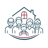 Outlined family group under a house, with red window and curved red-and-blue base line