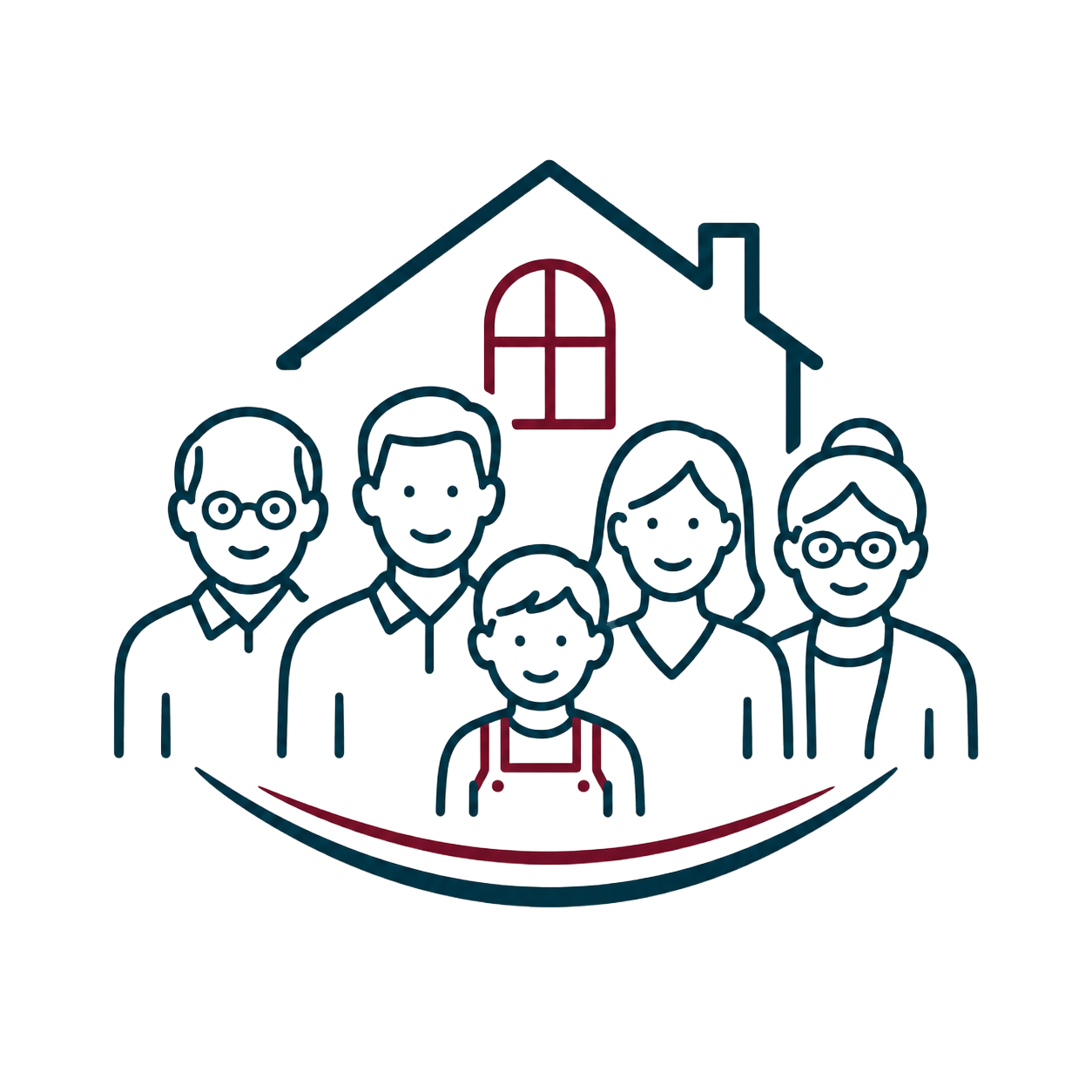 Family standing in front of a house outline, drawn in blue and red line art