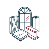 Illustration of assorted window and door frame components in blue and red line art