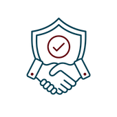 Handshake beneath a shield with a checkmark, symbolizing trust and protection.