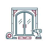 Illustration of a double door with a drill, tape measure, and toolbox, suggesting home repair or installation