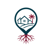 House and palm tree inside a teal location pin with red roots, on a white background