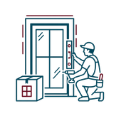 Person installing a package into a door frame with a box on the floor, in simple line art.