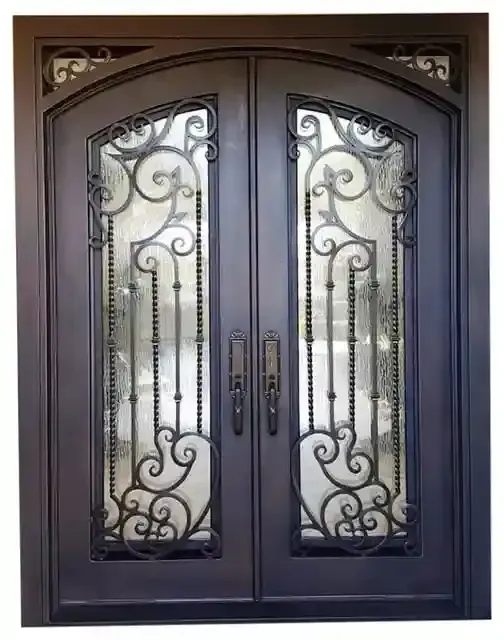 Dark double front door with frosted glass panels and ornate black wrought-iron scrollwork