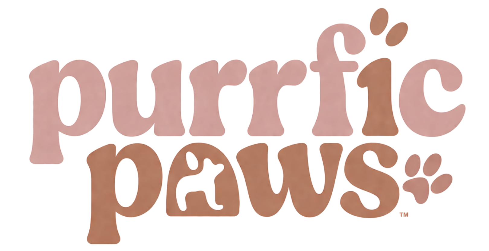 Purrfic Paws logo in pink and teal with cat paw prints replacing some letters