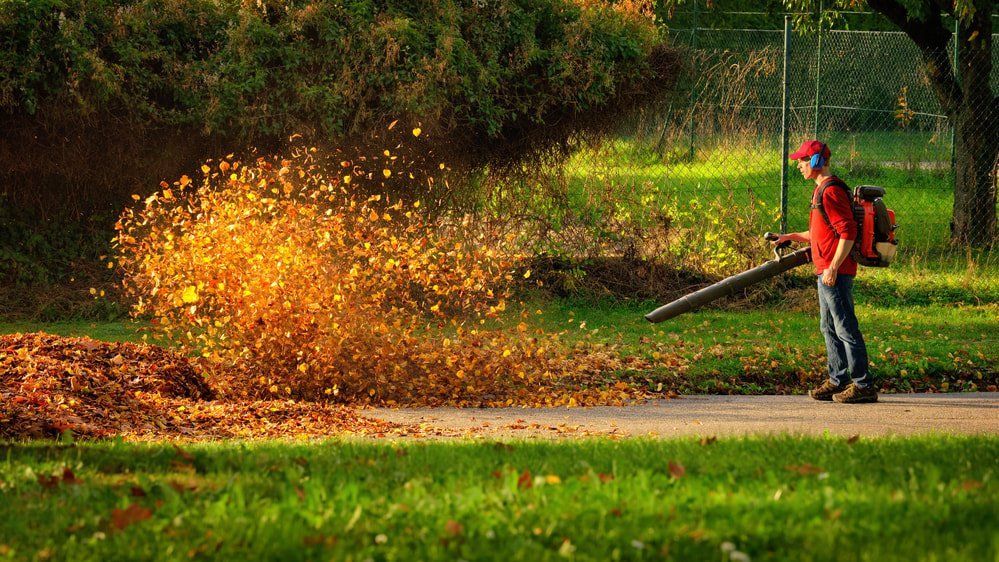 picture of a man blowing leaves in st paul mn