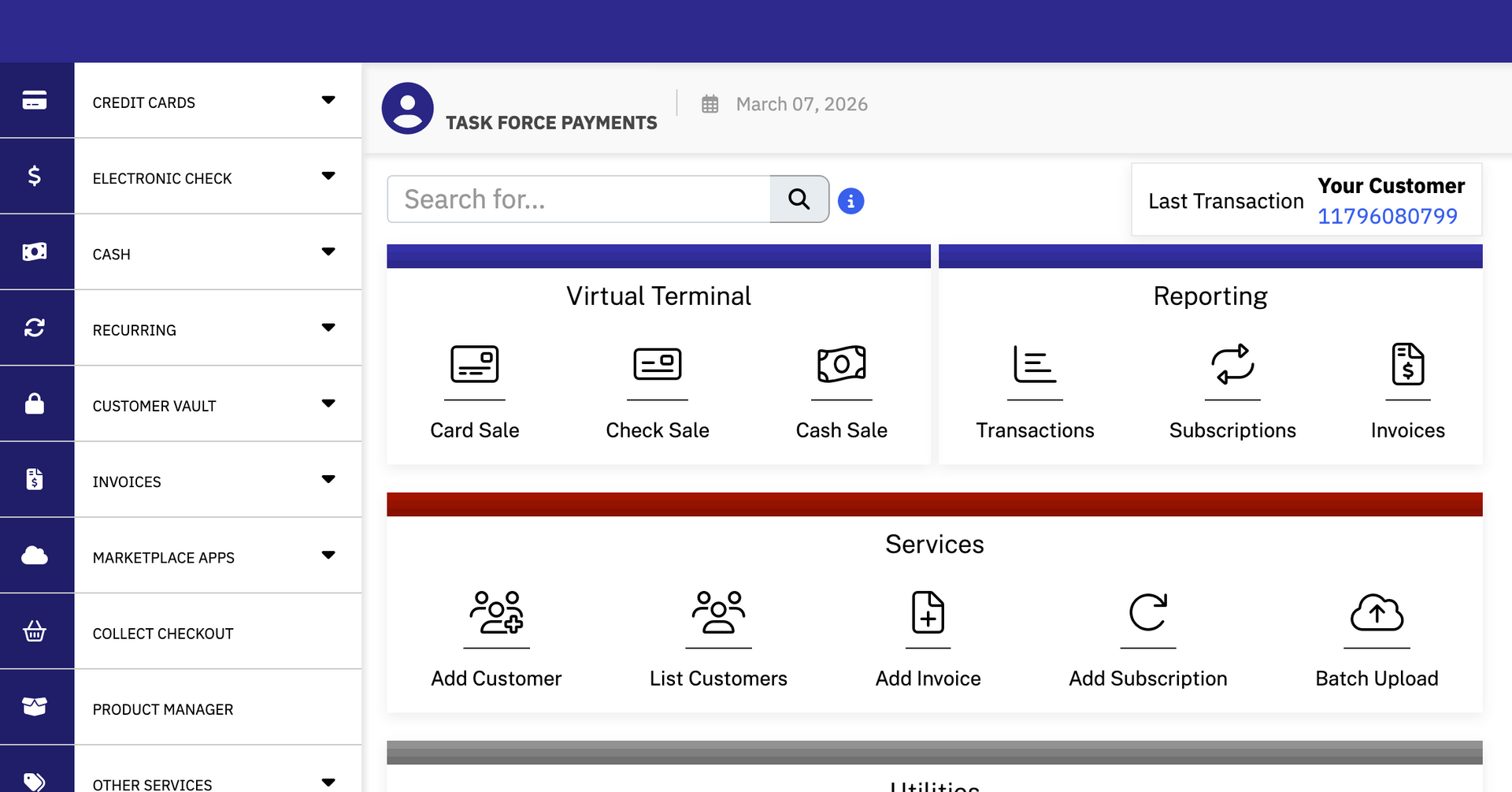 Web dashboard on a laptop screen with navigation sidebar and service/reporting icons, in purple and white.
